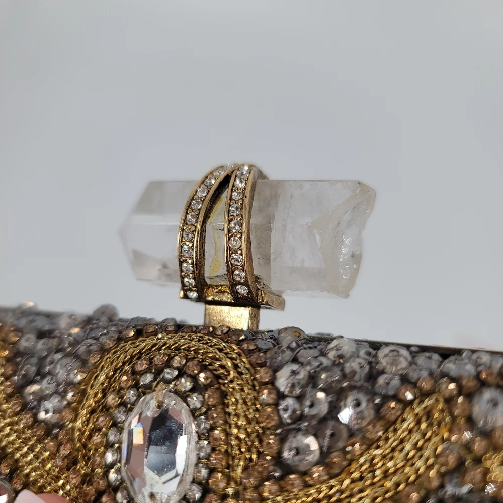 Marchesa Crystal Embellished Gold Evening Clutch with Strap and Dustbag